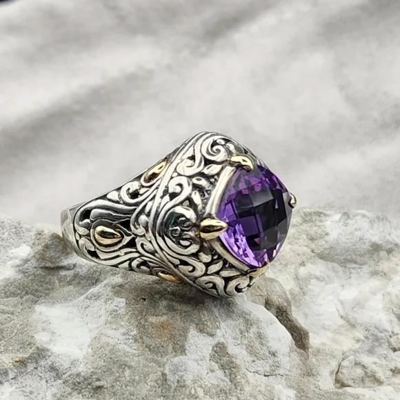 Samuel Benham 925 Sterling Silver 18k Gold Amethyst Designer Size 6.75 Ring BJC - Picture 7 of 12